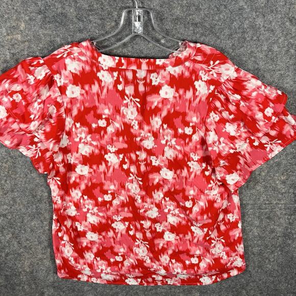 Bobeau Top Sheer Red Short Sleeve Flowy Blouse Floral Print V-Neck Large - Picture 9 of 9